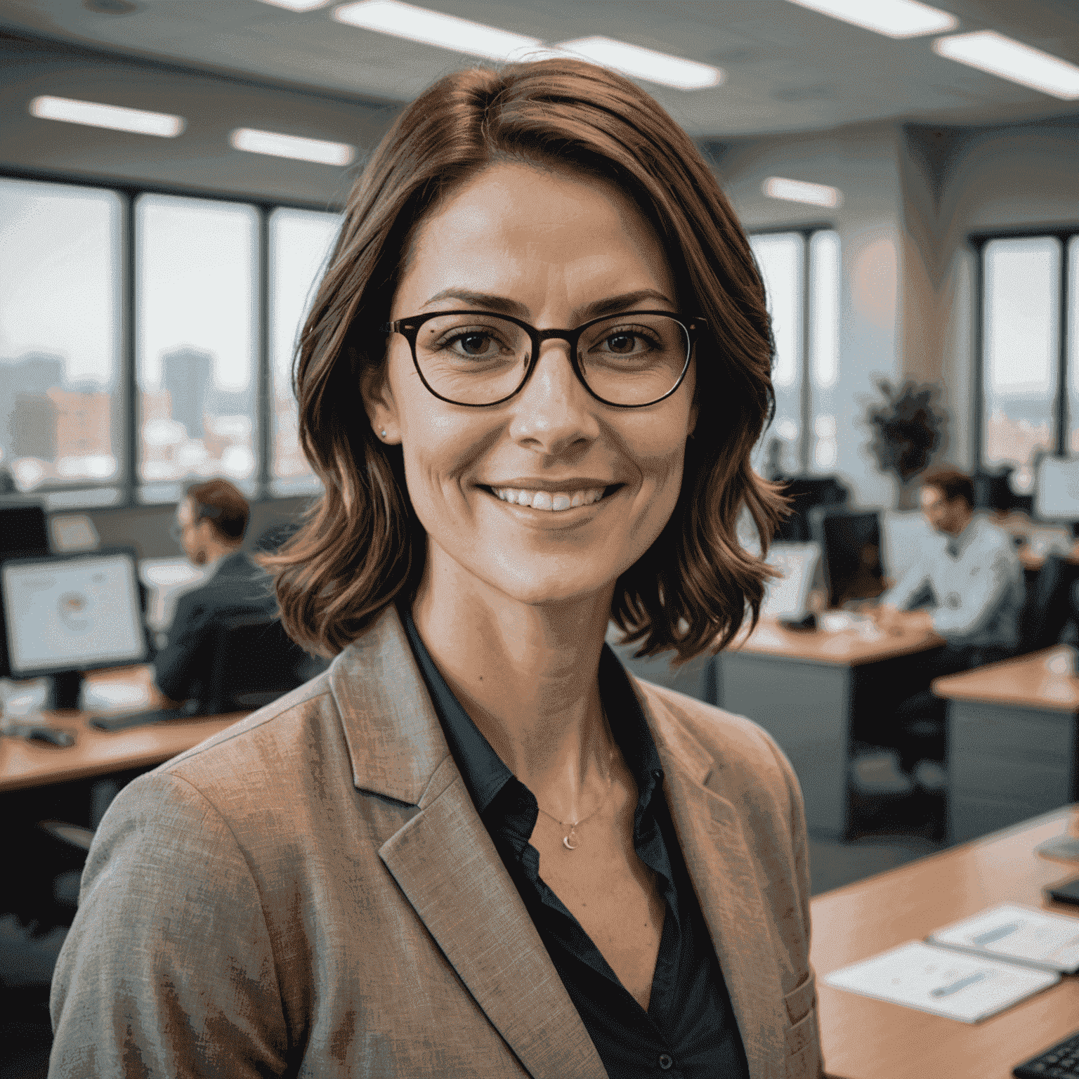 Portrait of Jane Doe, a woman in her early 30s with short brown hair and glasses, smiling confidently in a modern office setting