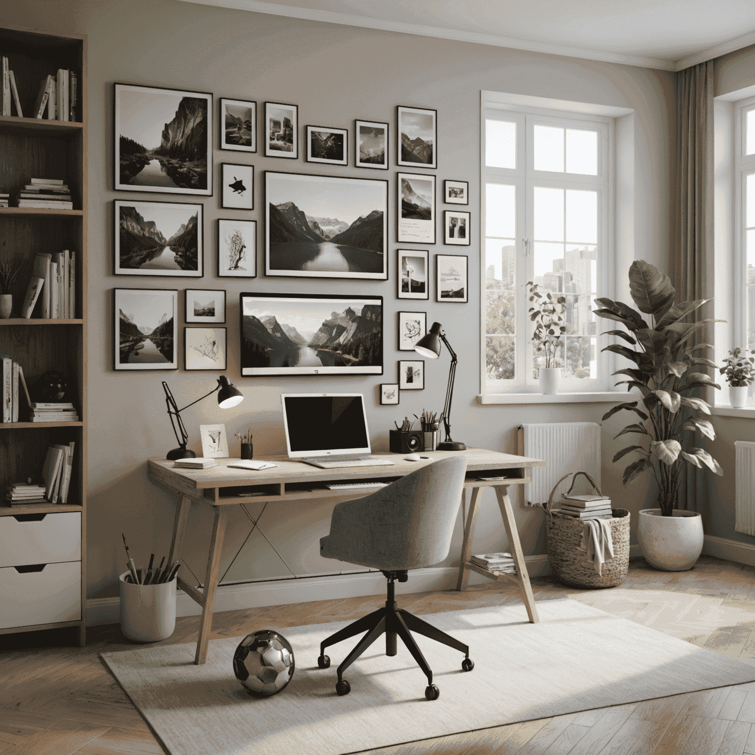 3D rendered interior design workspace showing a computer with 3D modeling software, sketches, and a modern living room model