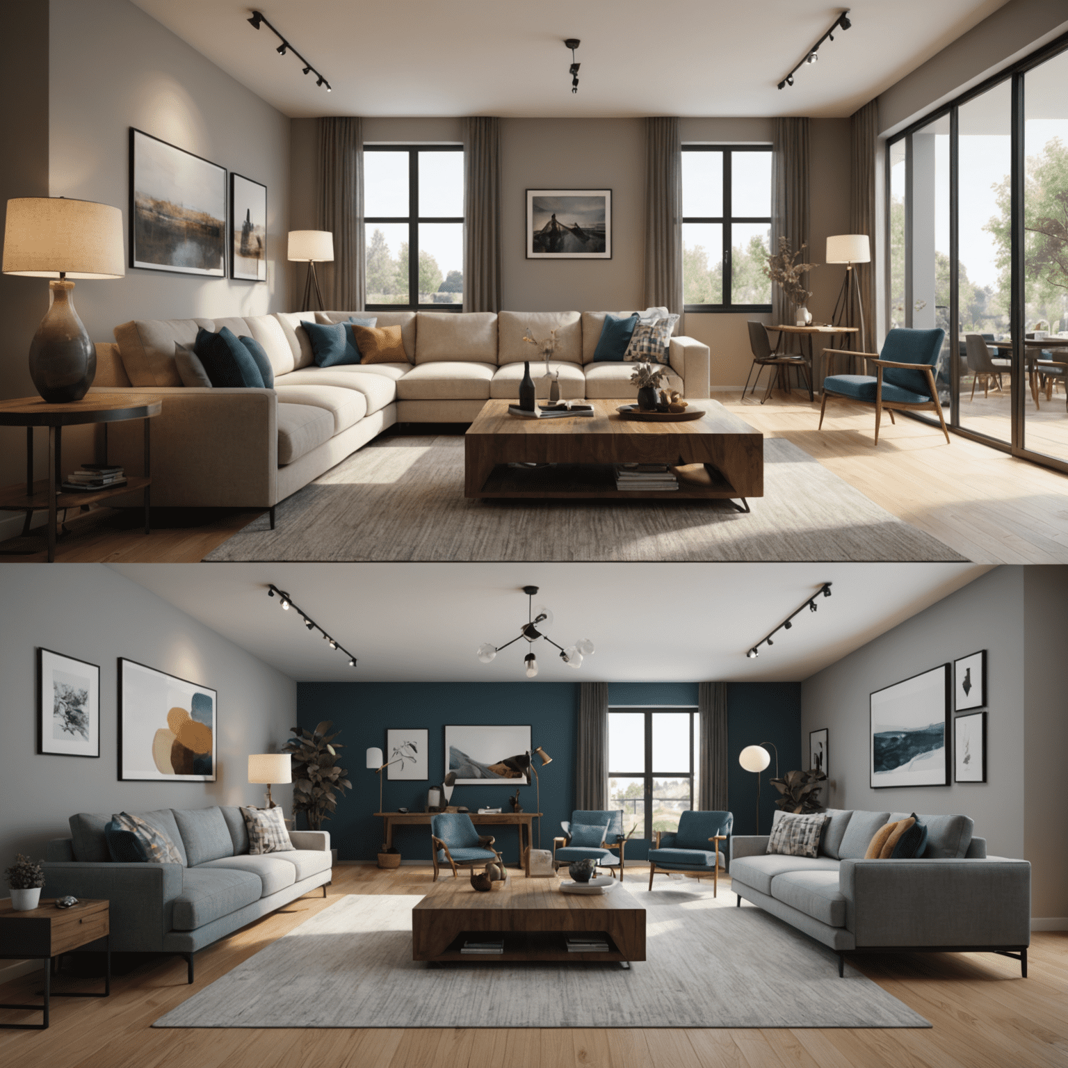 A split-screen image showing a 3D interior render: on the left, a basic untextured model, and on the right, the same model with realistic textures and materials applied. The scene depicts a modern living room with various surfaces like wood, fabric, metal, and glass.
