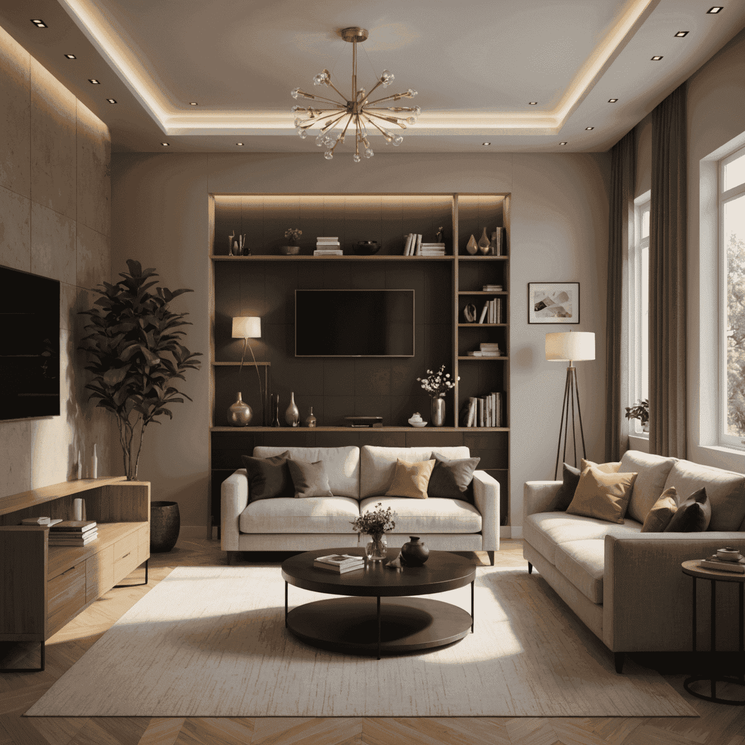 A 3D rendered interior space showcasing various lighting techniques, including ambient, accent, and task lighting. The image demonstrates how different light sources interact with furniture and surfaces to create depth and atmosphere.
