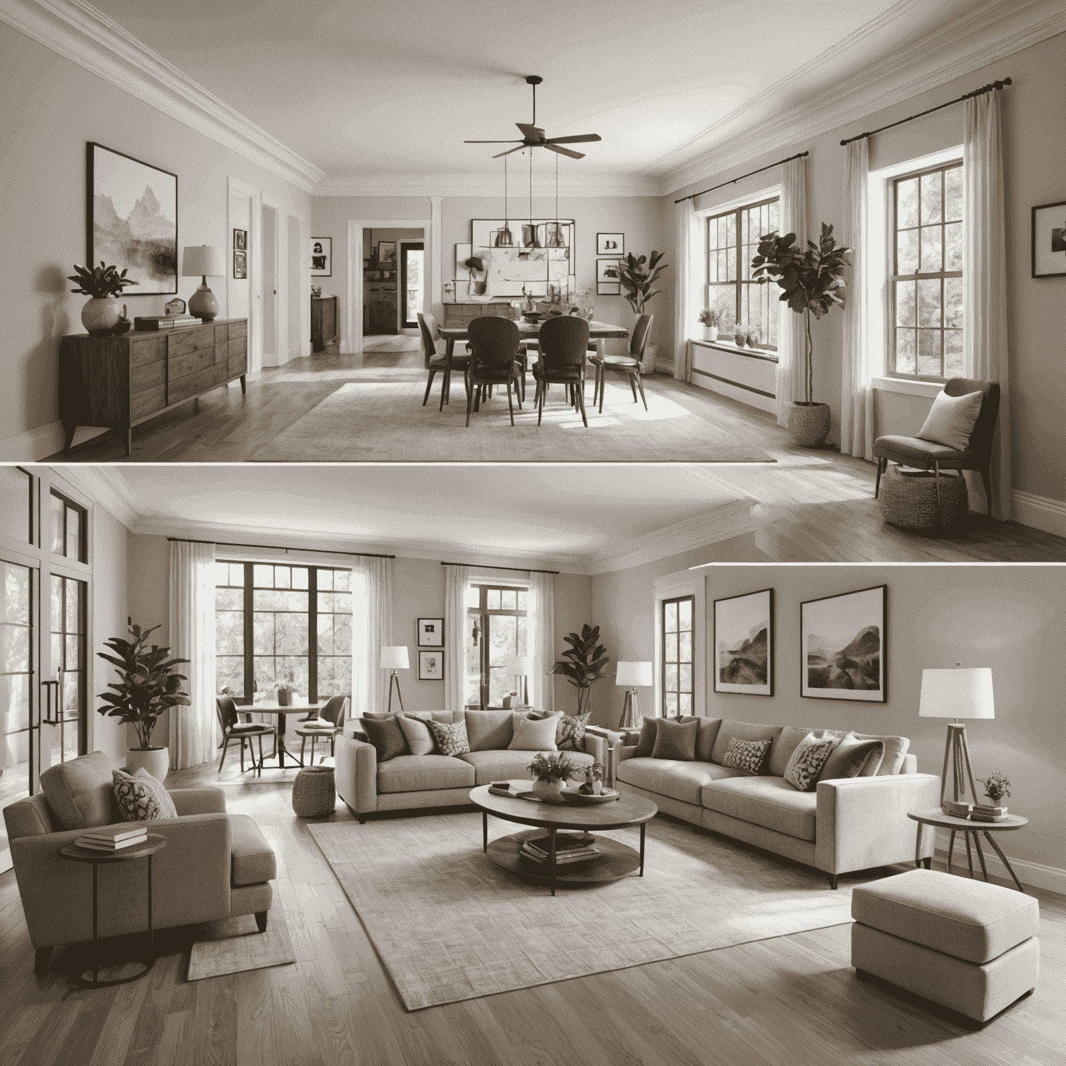 A split image showing a hand-drawn interior design sketch on the left and its corresponding 3D digital model on the right, demonstrating the transformation process
