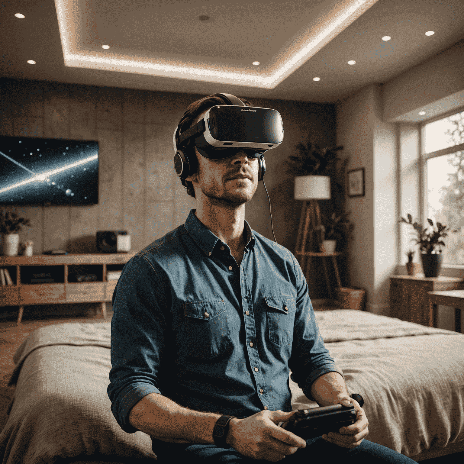 A 3D rendered interior space with VR headset overlay, showcasing optimized lighting, textures, and geometry for virtual reality walkthroughs