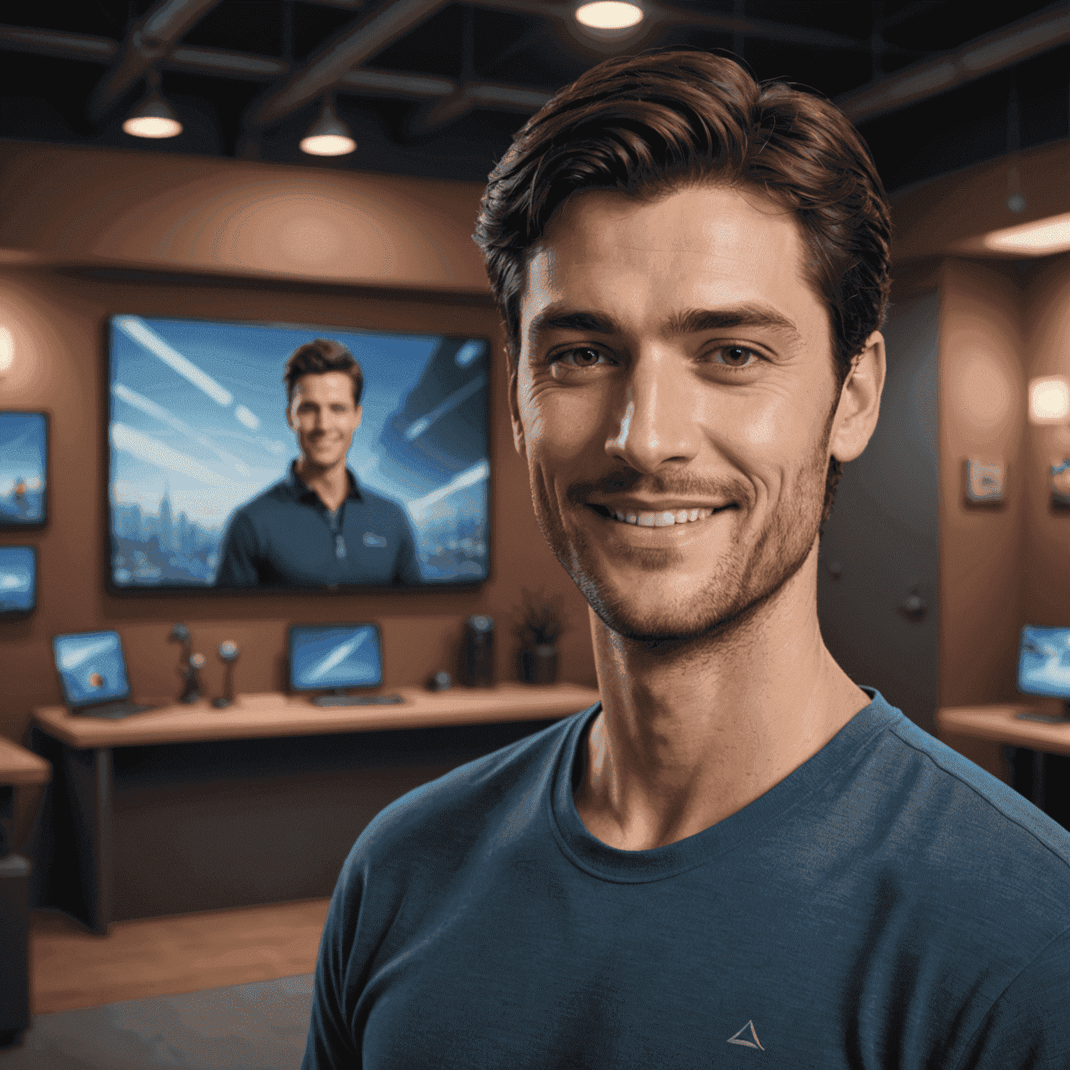 Portrait of John Smith, a man in his late 20s with dark hair and a friendly smile, standing in front of a 3D rendering setup