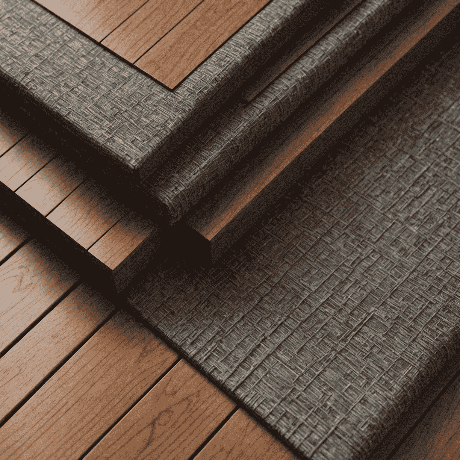 Close-up of a 3D rendered interior showing detailed textures of wood, fabric, and metal surfaces
