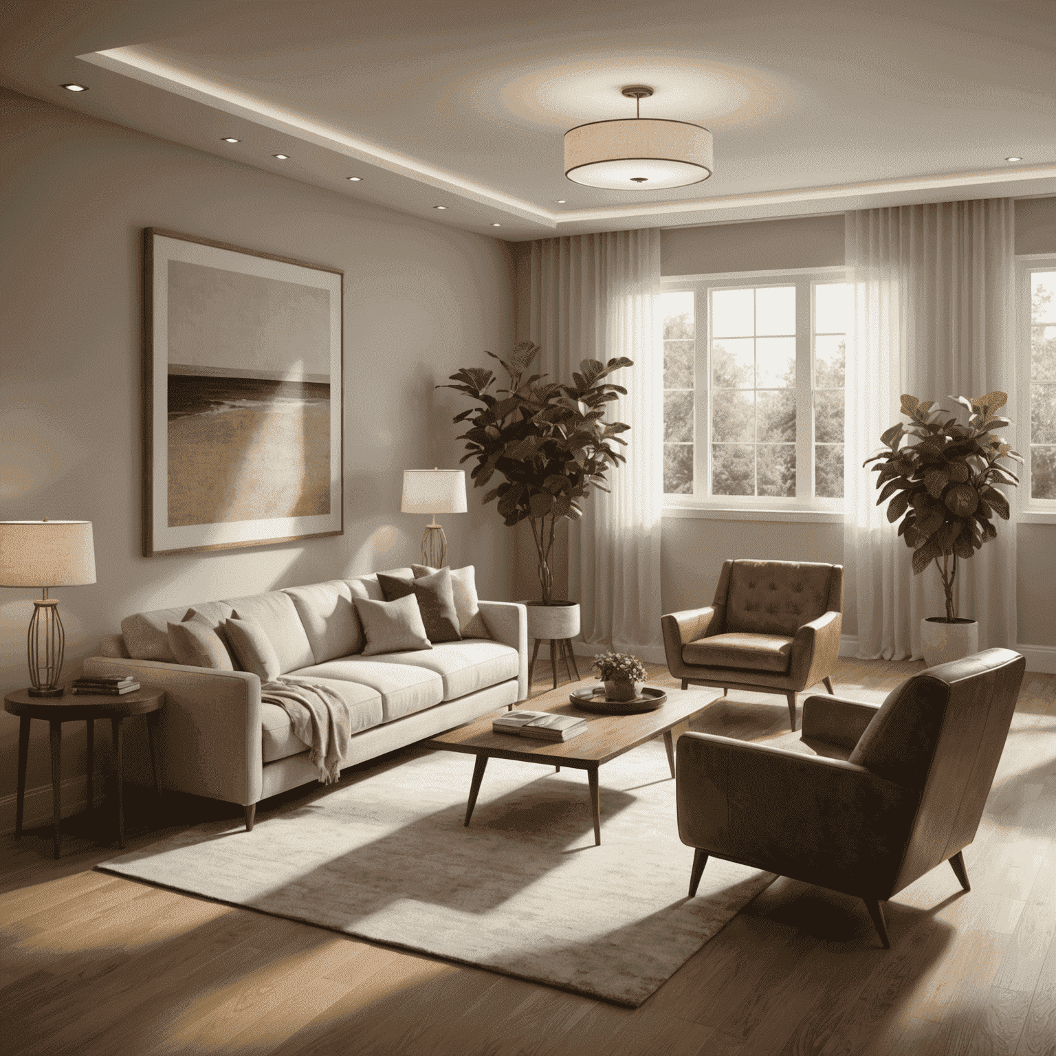 Diagram illustrating the three-point lighting system in a 3D rendered interior space. The image shows the placement and effect of key light, fill light, and back light on furniture and room features.
