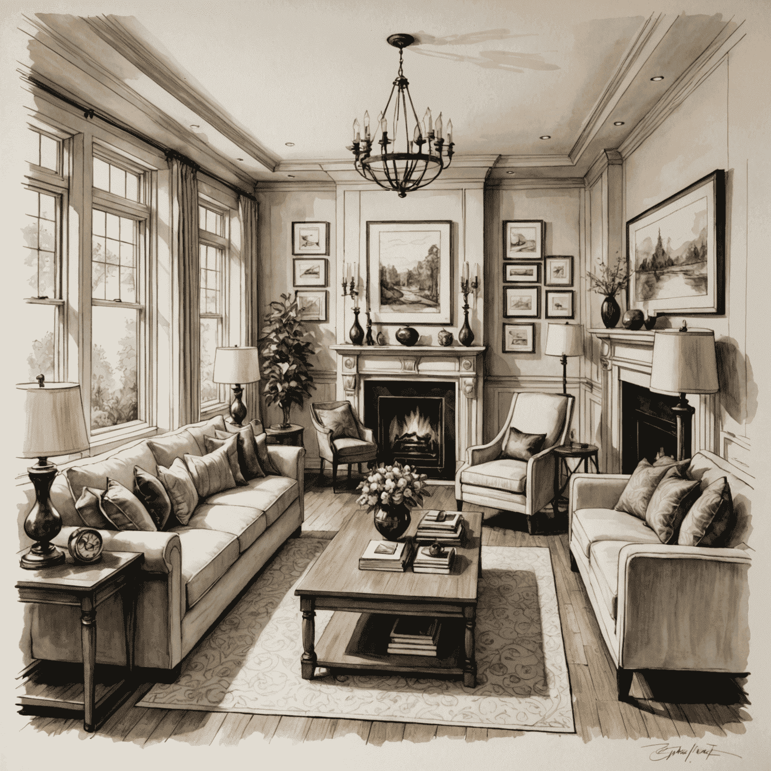 A detailed hand-drawn interior design sketch showing furniture layout, lighting, and decorative elements