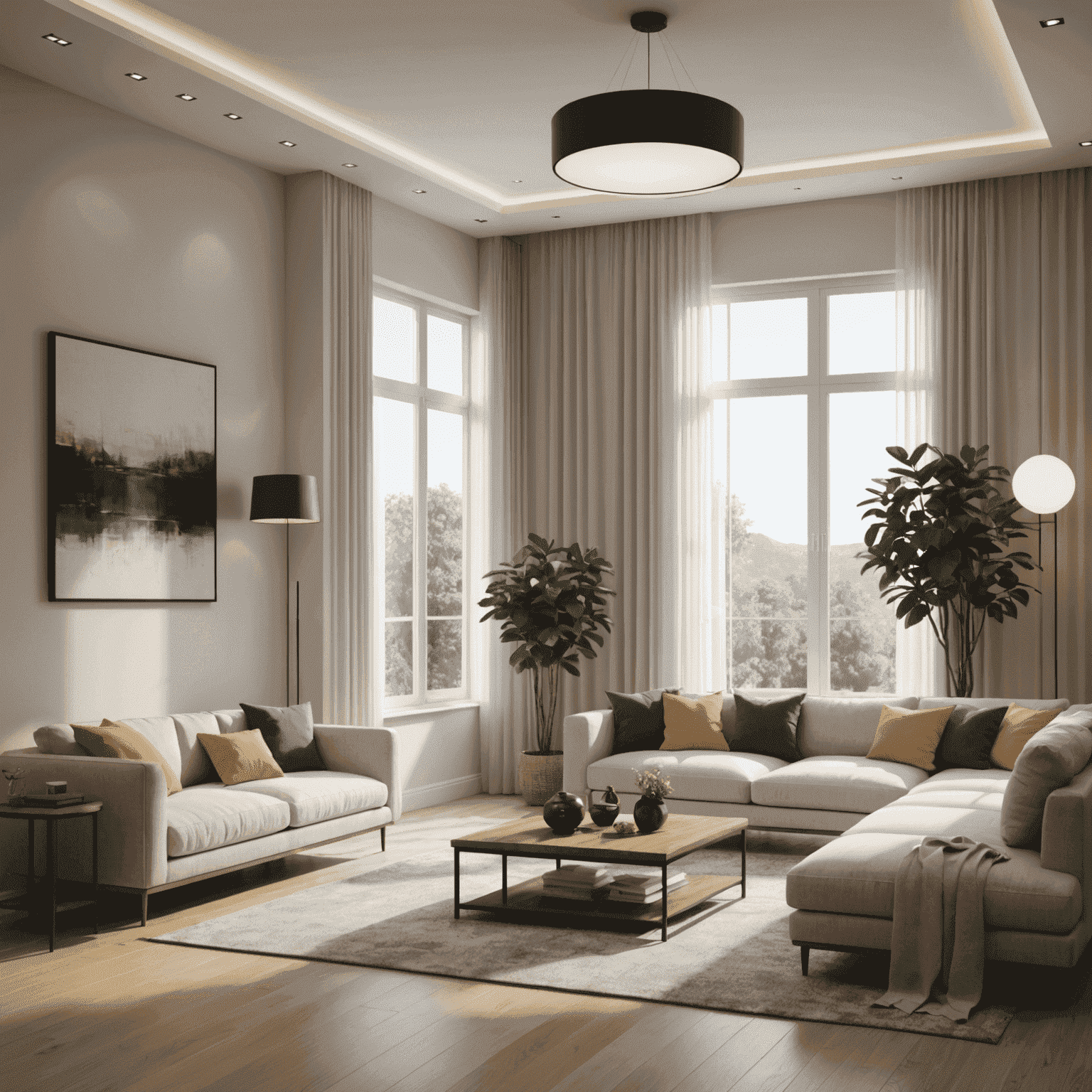 3D rendered interior scene showcasing various lighting effects including natural and artificial light sources