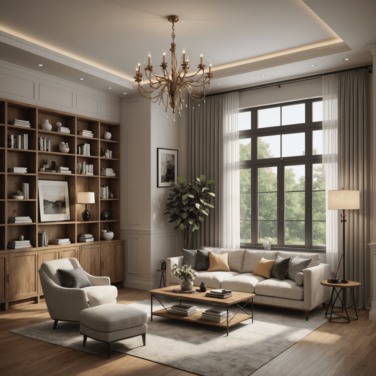 Progression of a 3D interior design model from basic wireframe to fully rendered scene with custom textures, advanced lighting, and decorative elements