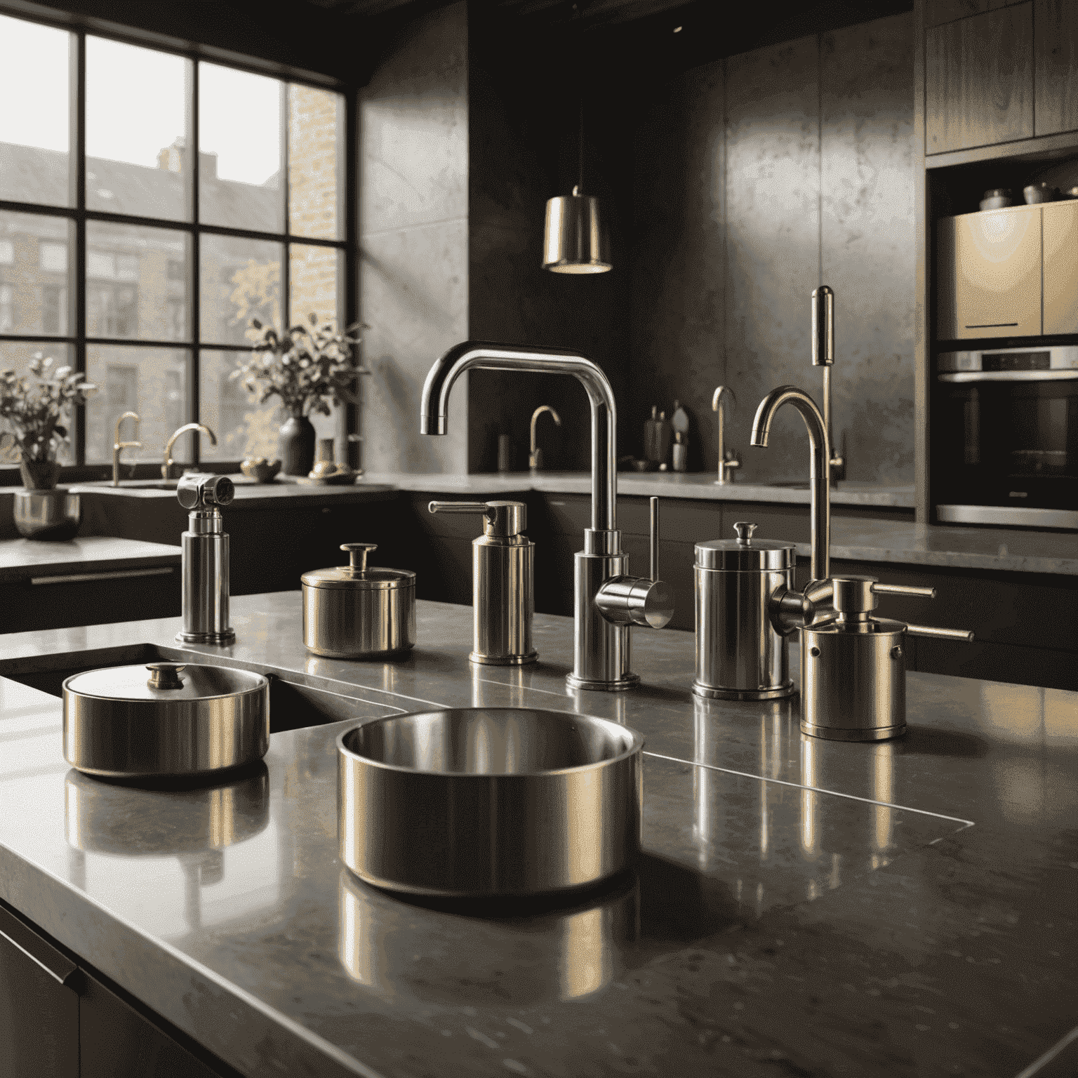 A render showcasing various metal surfaces in an interior setting. The image displays polished chrome, brushed stainless steel, and aged brass, highlighting the different reflective properties of each material.