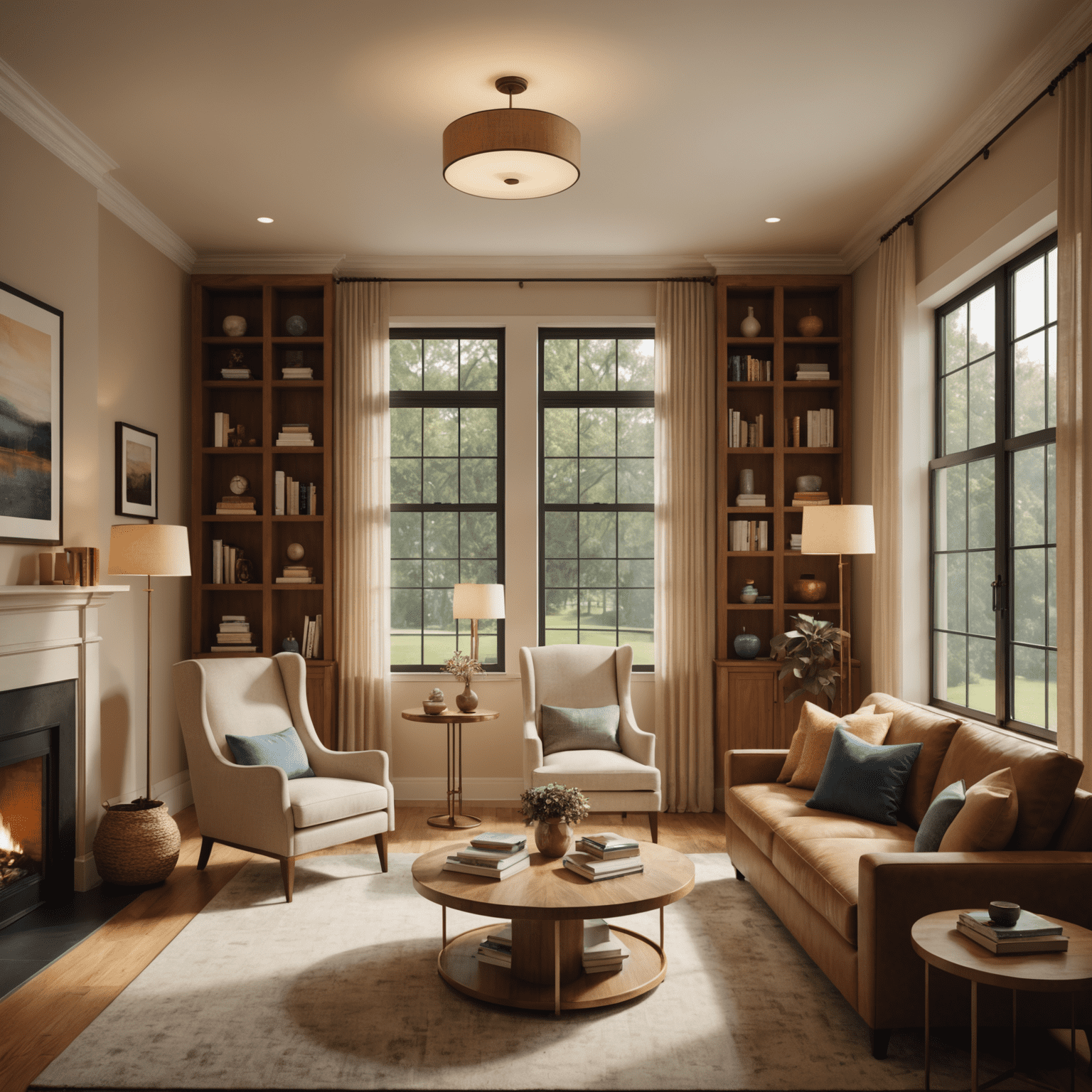 A split image showing the same 3D rendered interior under warm and cool lighting. The left side demonstrates a cozy living room with warm, golden light, while the right side shows a crisp, cool light in a home office setting.