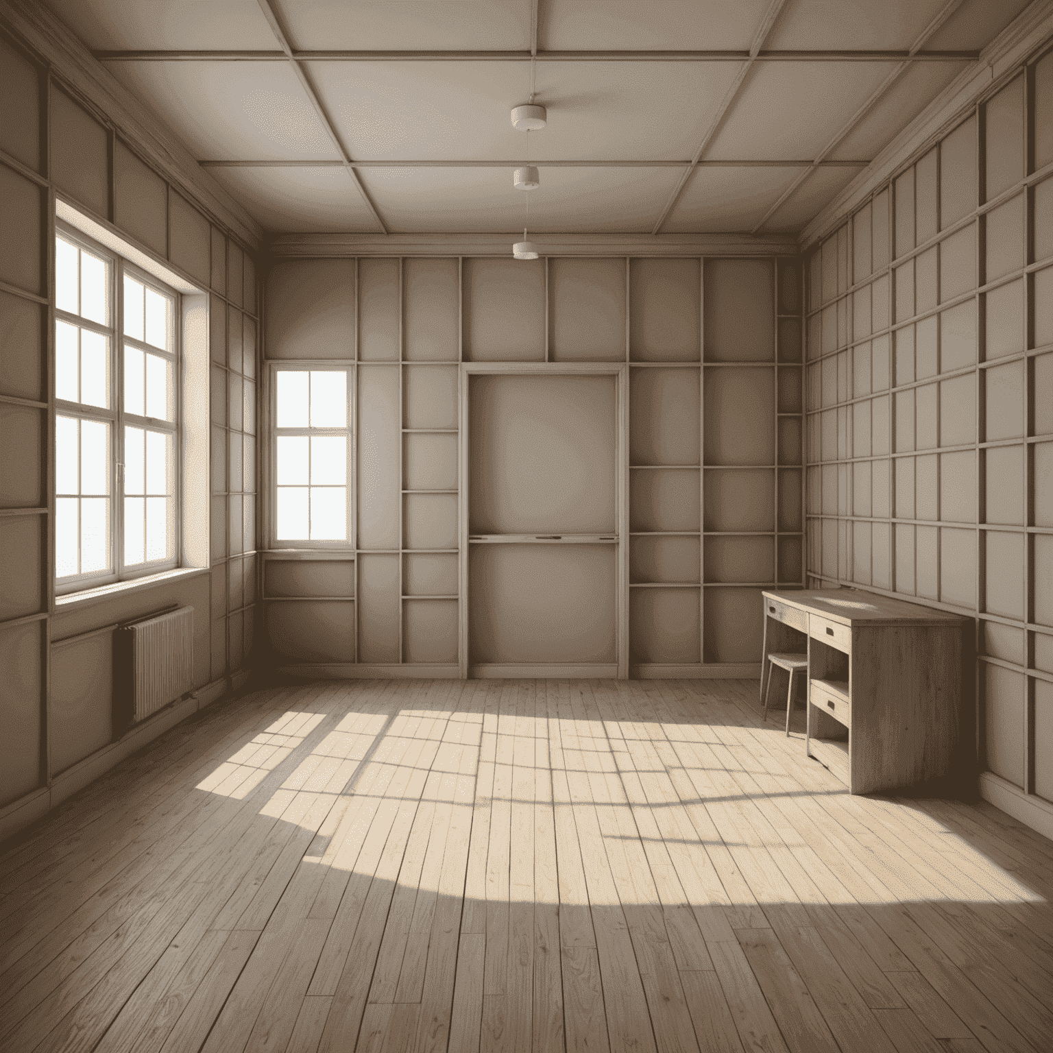A 3D wireframe model showing the basic structure of a room including walls, floors, and windows