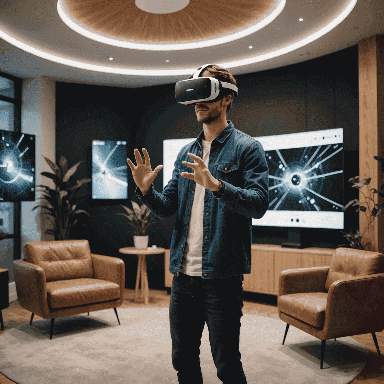 A person wearing a VR headset interacting with a 3D interior model, showcasing teleportation points and interactive furniture elements