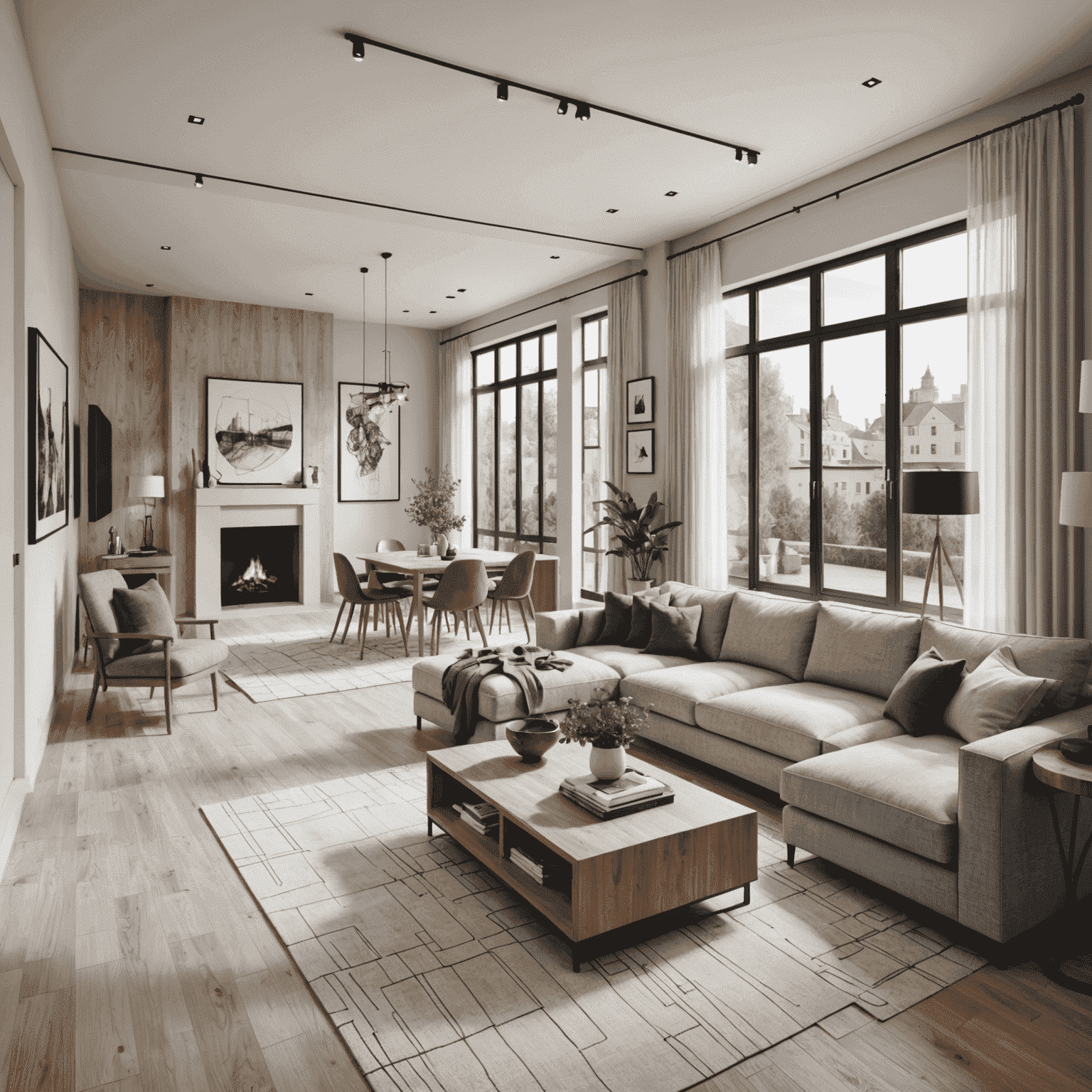 Split image showing a hand-drawn interior sketch on one side and its corresponding 3D model on the other