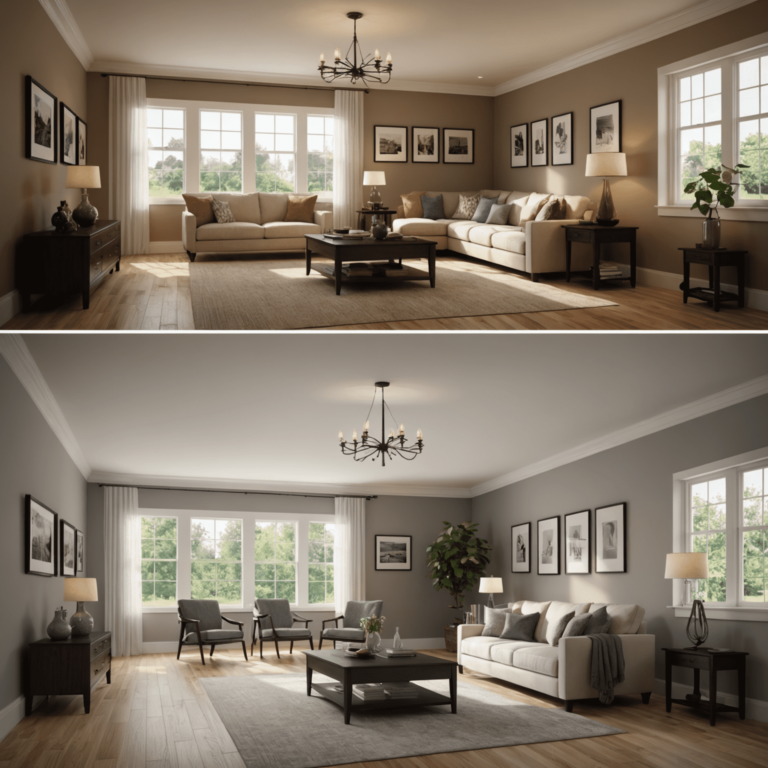 A before and after comparison of a 3D rendered interior. The left side shows a basic render with flat lighting, while the right side demonstrates the same space with advanced lighting techniques applied, showcasing dramatic improvements in depth, atmosphere, and realism.