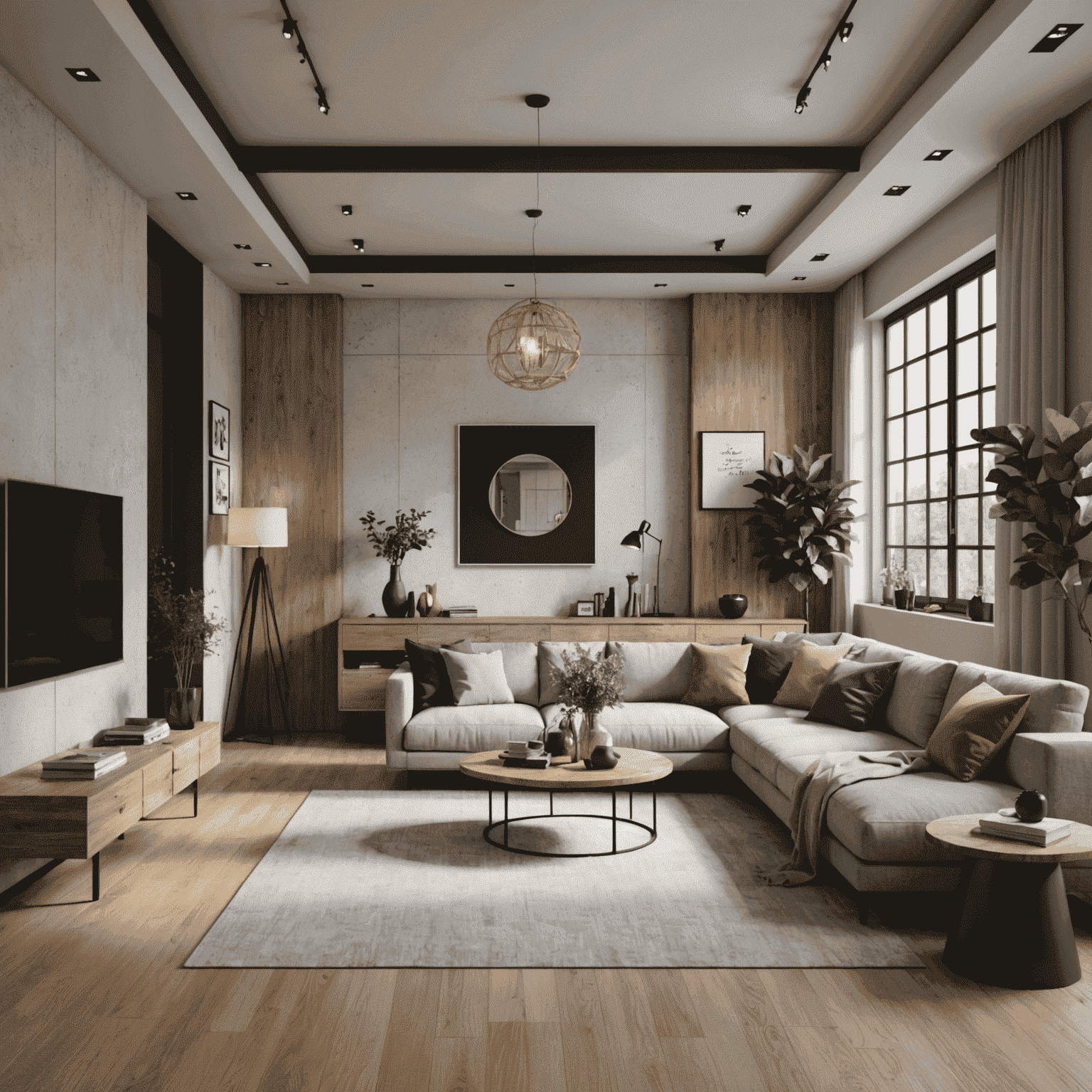 A 3D model of an interior space with realistic materials and textures applied to surfaces and furniture