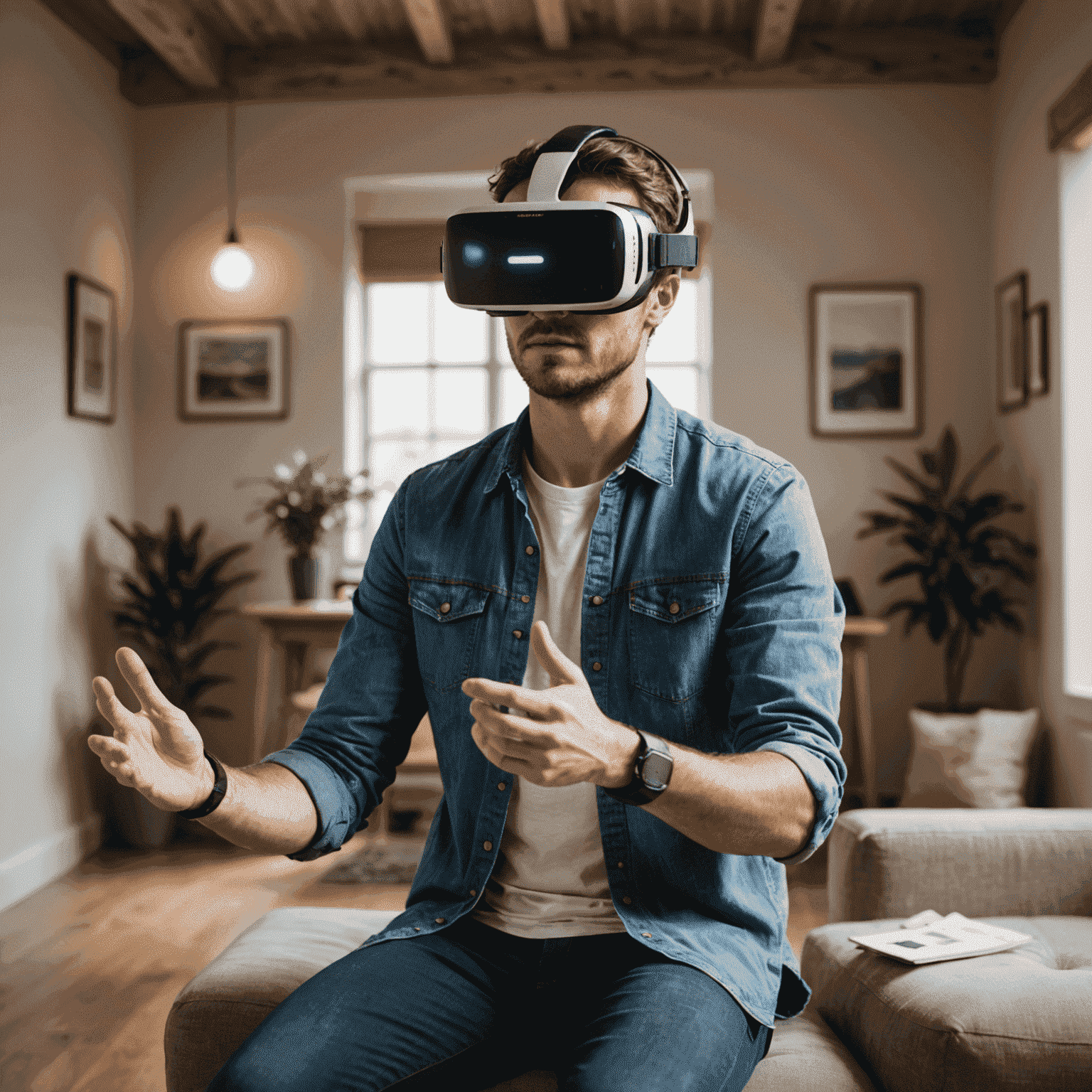 Person wearing VR headset interacting with a 3D interior environment